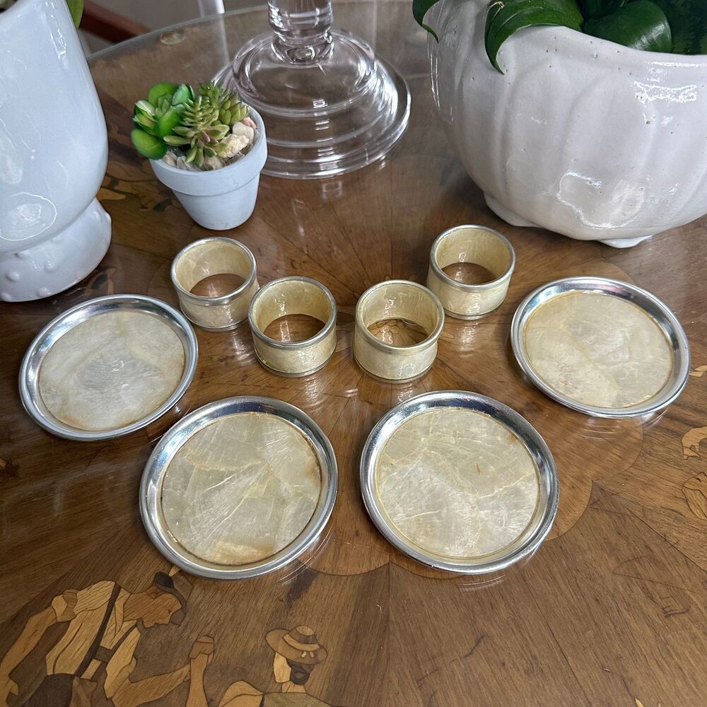 Vintage Capiz Shell Coasters w/ Silver Trim, Set of 4 | Genuine Shell-Craft